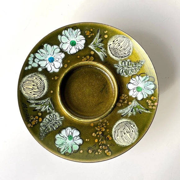 Vintage Sascha Brastoff MCM Enamel Green Floral Footed Pedestal Serving Dish - Picture 3 of 5